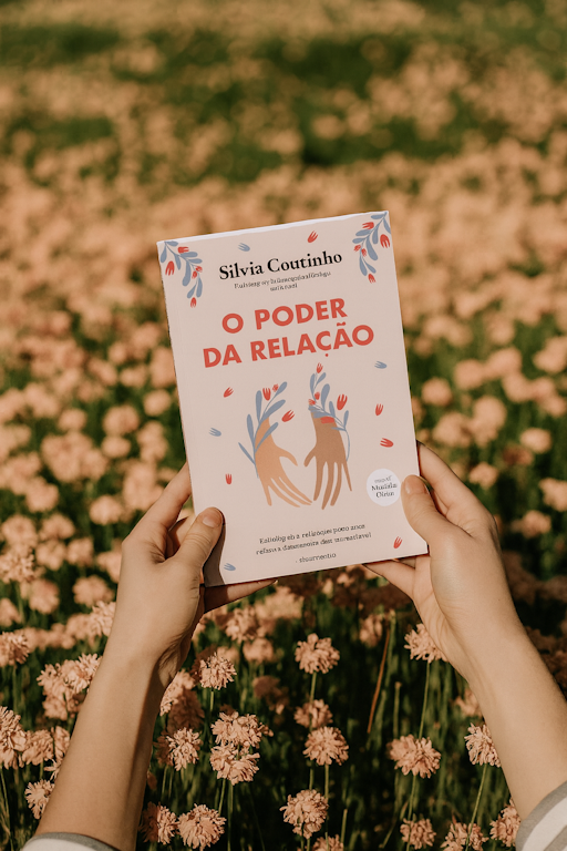 Capa do livro 'O Poder da Relação', com fundo num campo de flores, ilustrações de mãos entrelaçadas e folhas em rosa e azul, título em letras vermelhas, e subtítulo sobre estratégias para uma relação consciente, feliz e saudável.